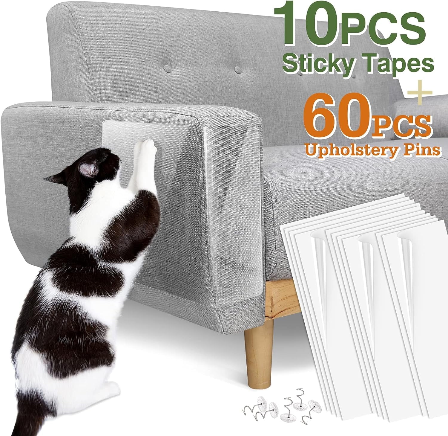 Cat Scratch Furniture Protection Tape with Upholstery Pins - 10 Pack, White